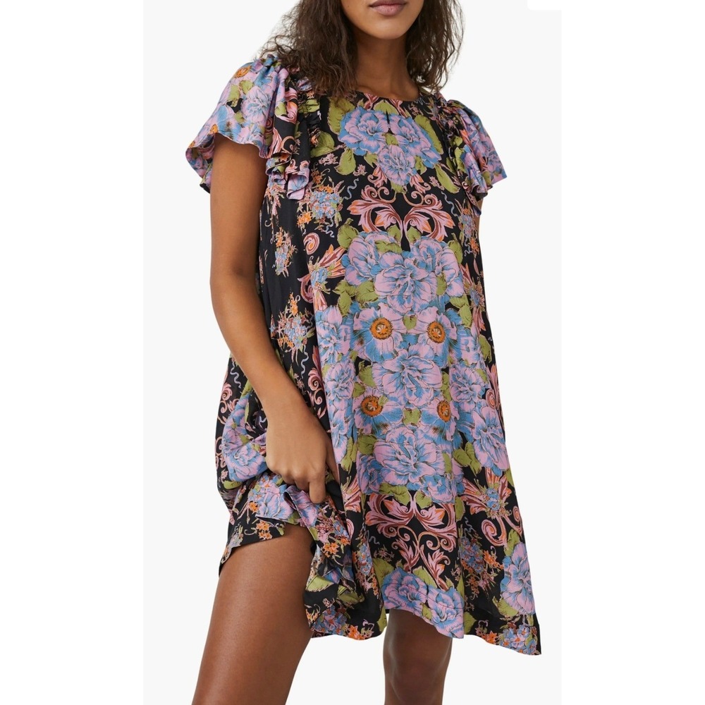 Free People Yara‎ Floral Mini Dress Black Pink Blue Flutter Sleeve Small Medium
